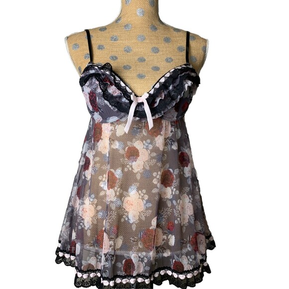 VtG Jezb Y2K Babydoll Sheer Top Goblin 90s Dark Fairy Floral Whimsigoth Small - Picture 1 of 16